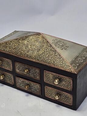 Vintage Ornate Jewelry Box 6 Drawer Embossed Metal Trinket Storage Chest